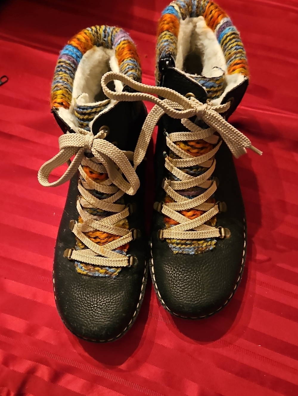 Rieker Black Lace-Up Ankle Boots with Multicolor Knit Collar
